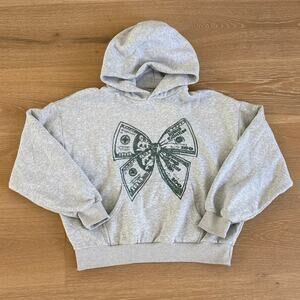 Named Collective Strangers Rhinestone Bow Pullover Hoodie Size S/M in Gray Green